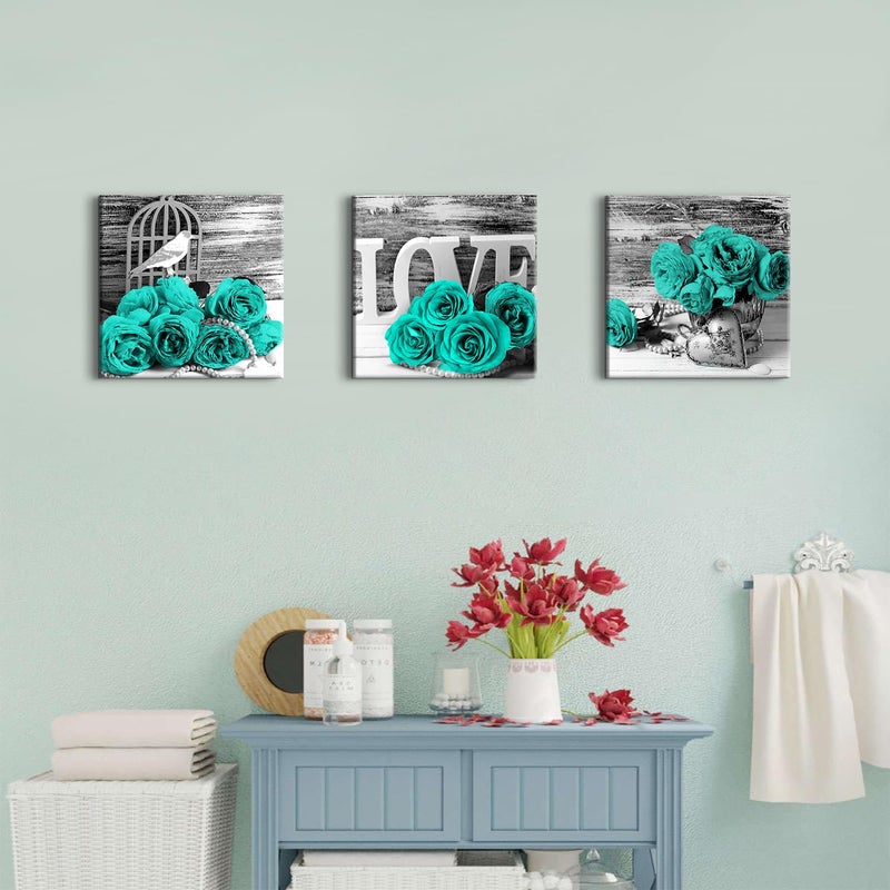 YOOOAHU Teal Bathroom Wall Decor Turquoise Teal and Grey Rose Wall Art for Bedroom Living Room Accessories Love Sign Aqua Green Flower Pictures Floral Poster Canvas Artwork Kitchen Home Decoration 12x12" 3 - Image 5